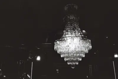 The chandelier hanging above the shop floor in the premises of